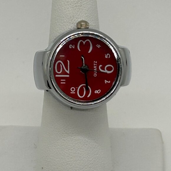 Silver-Tone Stretch Band Ring Quartz Watch With Red Face Adjustable Fit Works - Picture 9 of 10